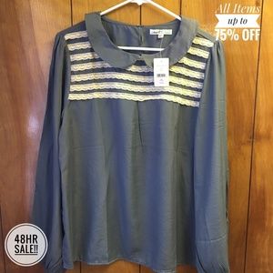 WOMENS BLOUSE COMBO GRAY LACE BLUE POKEDOT